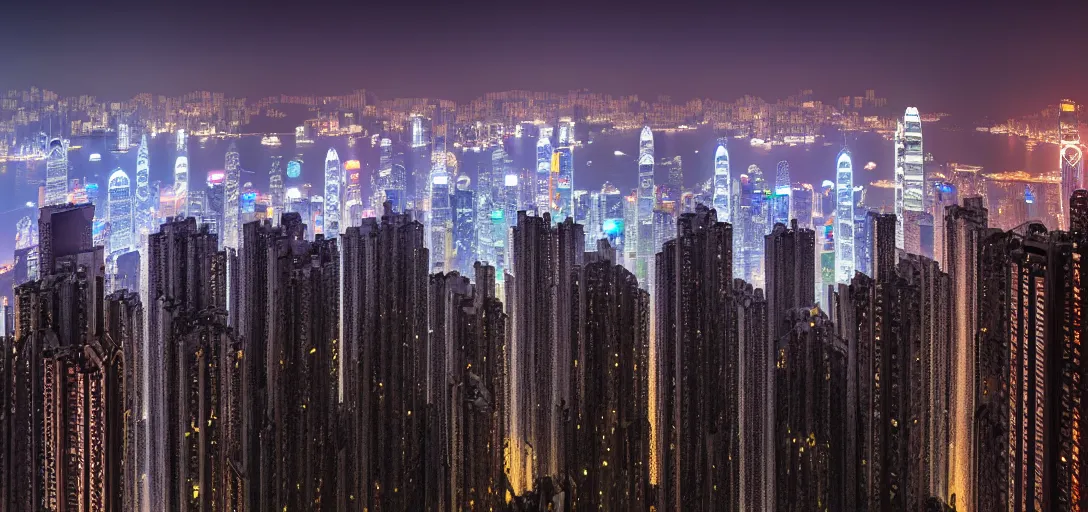 Image similar to Digital photo of a futuristic cyberpunk Hong Kong Skyline, 4K photo, award winning