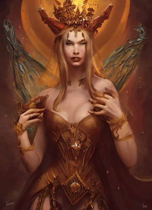 Image similar to tarot!!, fairy queen, fantasy medieval, no noise, elegant, concept art, sharp focus, beautiful face!!, digital art, smooth defined outlines!!, by Brom, trending on Artstation, Tom Bagshaw, Sargent