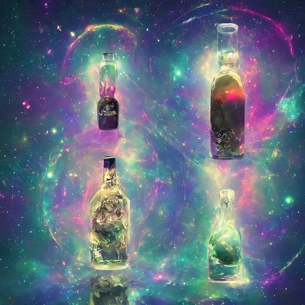 Image similar to the universe contained within a bottle, in a style of artstation