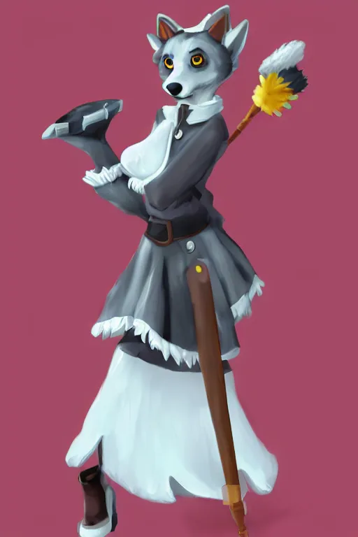 Image similar to anthropomorphic wolf fursona wearing a maid outfit holding a duster, backlighting, furry art, trending on artstation, digital art, trending on furaffinity