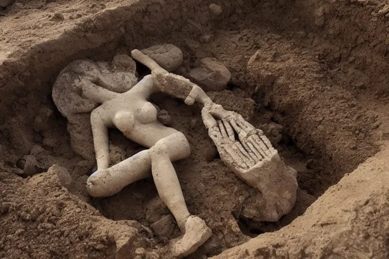Image similar to Fossilized valkyrie goddess being excavated from the ground. 8k
