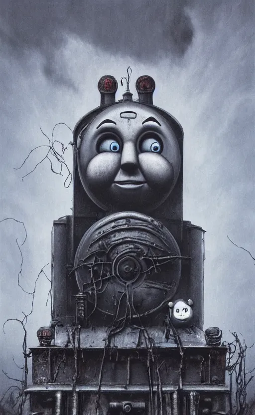 Image similar to thomas the tank engine in style of zdzisław beksinski, extremely dramatic lighting, 8 k, tendrils, black, darkness, black slime tendrils, infected, rust, body horror, thomas the train, thomas the tank engine face, horror,