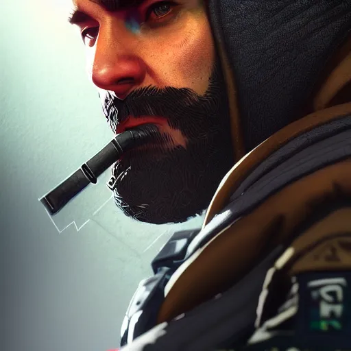 Prompt: a portrait of a Kaid from Rainbow Six Siege, ,operator, military , game concept art, illustration, HDR, natural light, shoulder level shot, dynamic pose, award winning photograph, Mucha style, 8k,