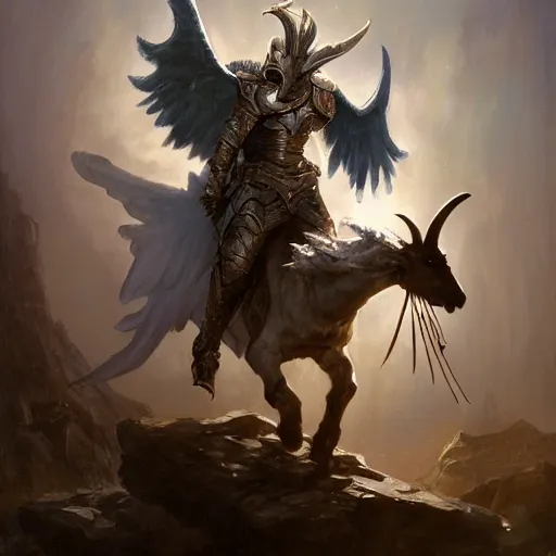 Prompt: archangel tyrael carrying a scale and riding a goat, oil painting, tooth wu, greg rutkowski, rpg, dynamic lighting, fantasy art, high contrast, depth of field