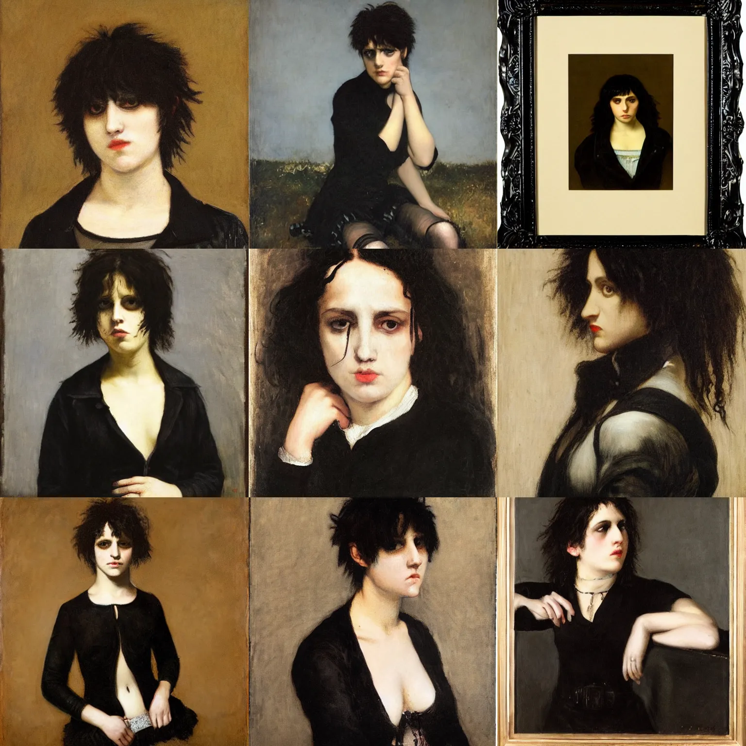 Prompt: an emo by gustave courbet. her hair is dark brown and cut into a short, messy pixie cut. she has large entirely - black eyes. she is wearing a black tank top, a black leather jacket, a black knee - length skirt, a black choker, and black leather boots.