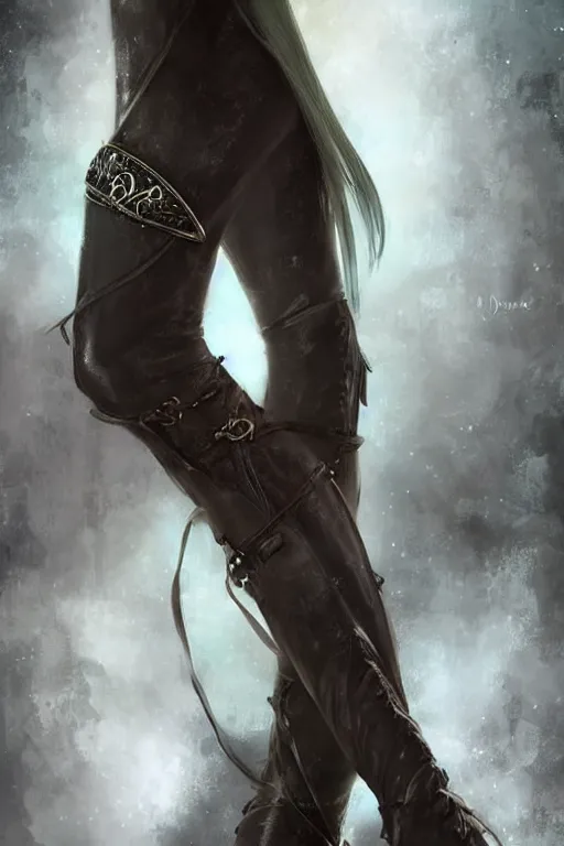 Prompt: a beatiful female elven priestess wearing thigh high black leather boots, she is holding a kneeling girl on a leash, ultrarealistic detailed digital art in the style of Charlie Bowater