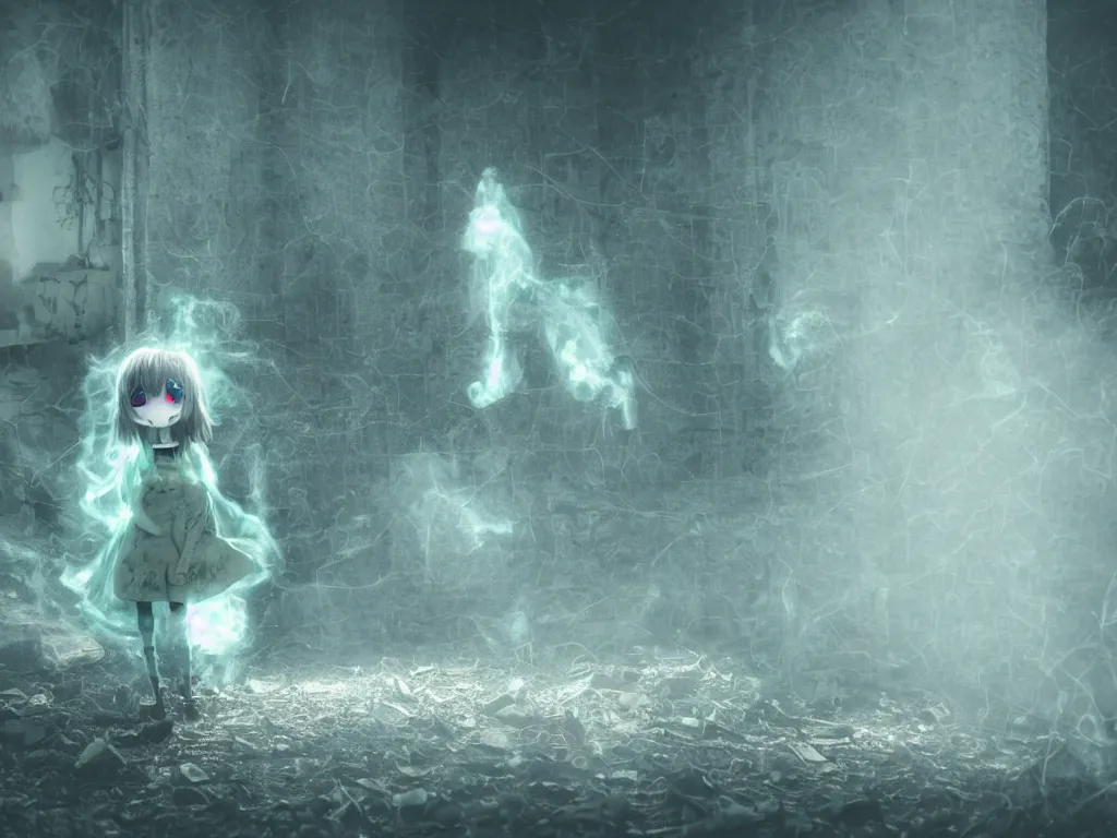 Image similar to cute fumo plush girl ghost lingering in a mysterious concrete organic ruin, technicolor horror, chibi gothic maiden in tattered rags, glowing wisps of hazy green smoke and eerie blue volumetric fog swirling about, lens flare, vray