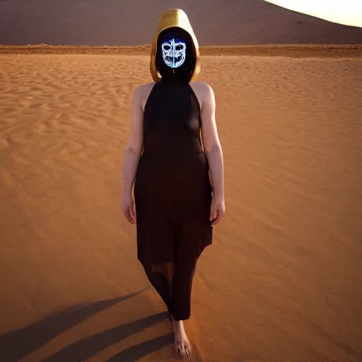 Prompt: full body shot of a pale woman in a desert lanscape, wearing a full face occult golden mask, dry desert background, smoke around her, , several glowing eyes, award winning photography, 8k, in the style of Darren Arnofsky, David Lynch and Alejandro Jodorowsky,