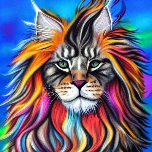 Prompt: profile view of cute fluffy maine coon cat with long colorful flowing lion mane blowing in the wind with mohawk top hairstyle hybrid animal detailed painting 4 k