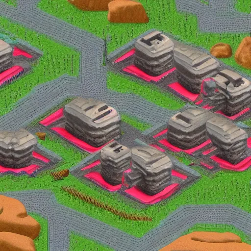 Prompt: isometric view of a colony on a lava planet, from a game made in 1998