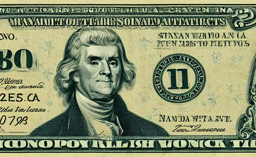 Prompt: rectangular photograph of two dollar u. s. currency note featuring thomas jefferson