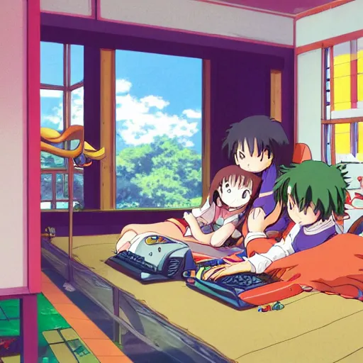 Image similar to anime, young kids playing computer games in a 9 0 s kid bedroom, happy, studio ghibli,