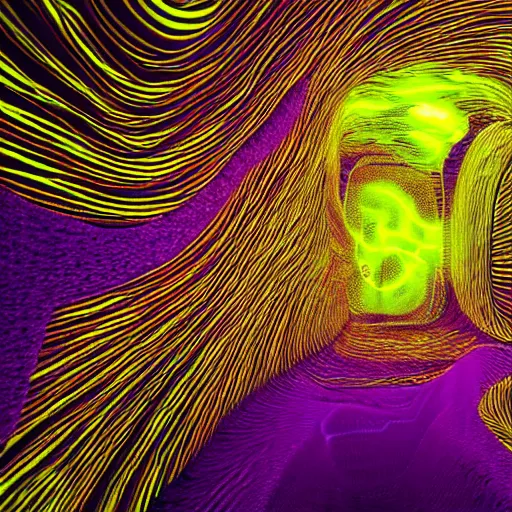 Prompt: inside view of very shiny dark saturated violet undulating intestinal brain membrane with extreme glows. wet look. lightning and electrical arcs. award winning digital art