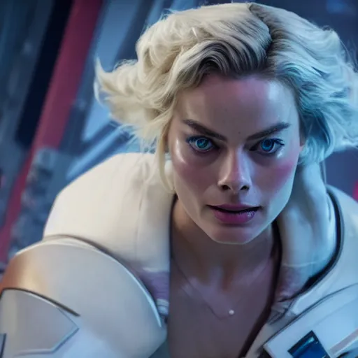 Prompt: action shots of Margot Robbie as mercy from over watch, alternate angle, imax, 4K, cinematic, volumetric