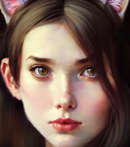 Prompt: girl with cat ears, close up portrait, sunrise, highkey, brunette, realistic, serov, surikov, vasnetsov, repin, kramskoi, paint texture, uplight, insanely detailed and intricate, charlie bowater, tom bagshaw, norman rockwell, octane rendered, unreal engine, illustration, trending on artstation, 8 k