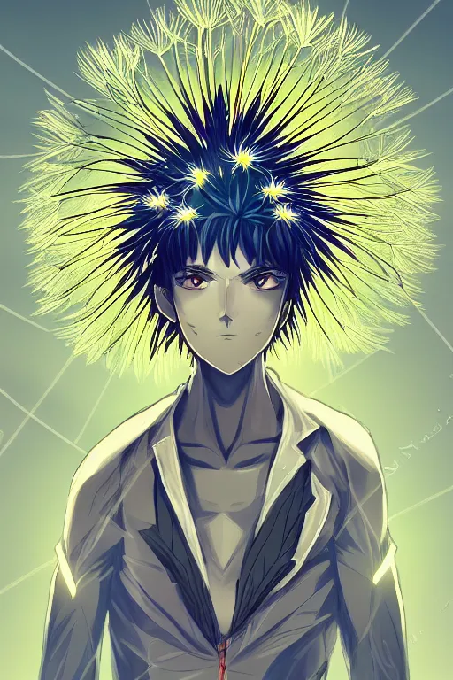 Image similar to glowing luminescent dandelion male anime character, symmetrical, highly detailed, digital art, sharp focus, trending on art station, amber eyes, autumnal colours