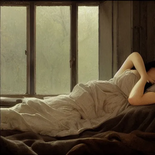 Image similar to A dreamy sleepy young woman with long dark hair, portrait art by caspar david friedrich and balthus, highly detailed, oil painting, concept art, illustration, dim lighting with twilight rays of sunlight coming through the window with closed shutters, trending on artstation, very detailed, smooth, sharp focus, octane render