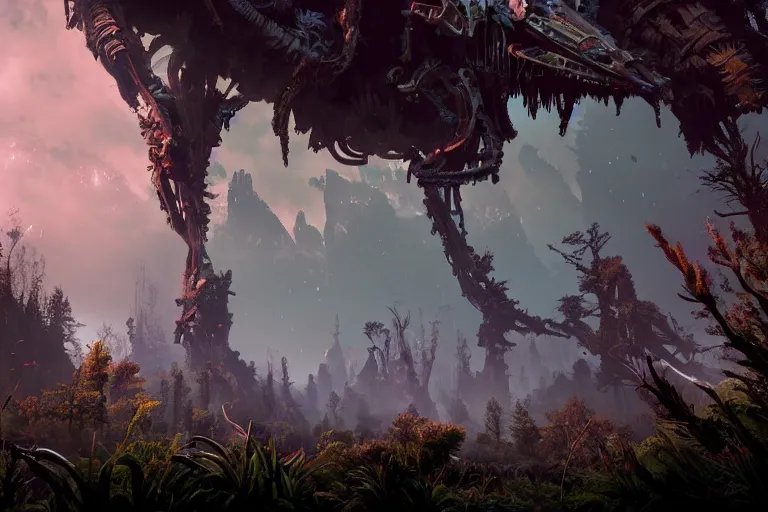 Image similar to wide epic shot from horizon forbidden west. a hyper detailed organic mechanic creatuve realistic similar look as horizon forbidden west horizon zero dawn, bioluminiscence in a dark deep forest at dawn in spring, with reflection and textures, by kilian eng, substance painter reaslitic mech surface metal painted scratches, world env from horizon forbidden west horizon zero dawn