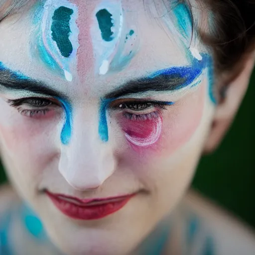 Prompt: A portrait of a woman who has face-painting crying with tears. Depth of field. Lens flare