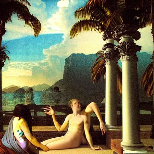 Prompt: Giant columns palace, thunderstorm, greek pool, beach and palm trees on the background major arcana sky, by paul delaroche, magazine photo from 2007, hyperrealistic 8k, very detailed