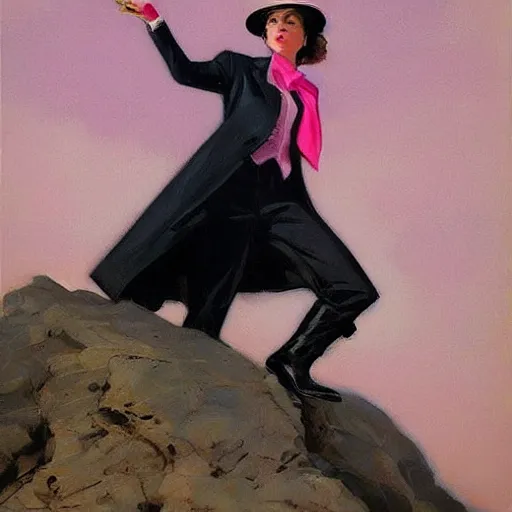 Image similar to an attractive female in a pink suit and tie, standing on a cliff, wearing a tophat, looking out at a pink ocean, by jc leyendecker!! phil hale!, angular, brush strokes, painterly, vintage, crisp