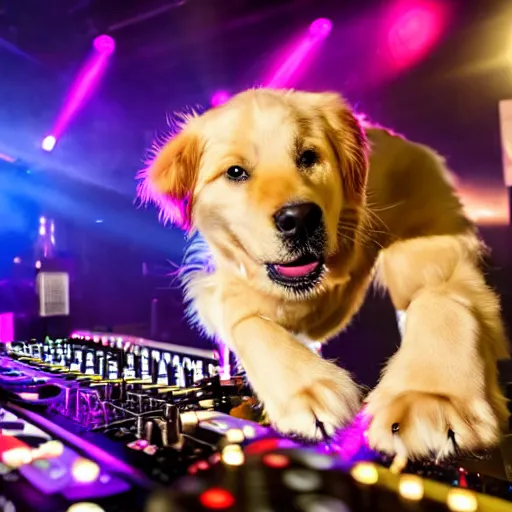 Prompt: a photograph of a DJ golden retriever dog, playing at a nightclub