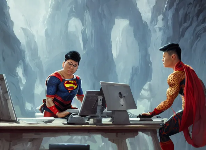 Image similar to an insanely detailed painting of an asian man wearing a homemade superhero costume, sitting at a desk, staring seriously at the computer and typing, in the style of peter mohrbacher, james jean, artgerm, dramatic lighting and composition, surreal background, octane render, pixar, trending on artstation, concept art, comic book, view from behind, 8 k