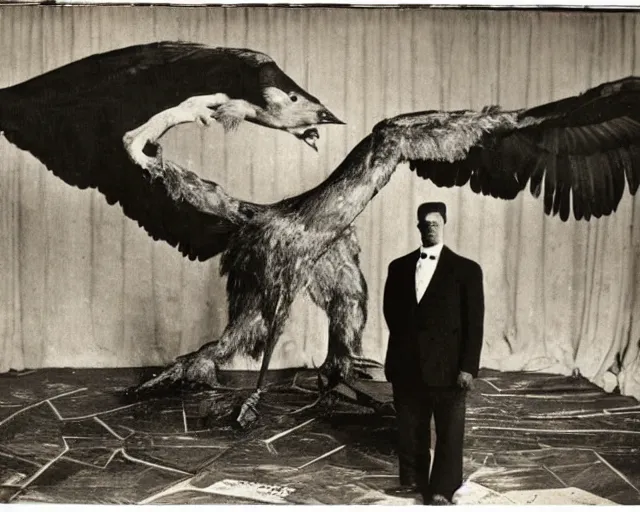 Prompt: early 1 9 0 0 s photo of a man in a suit next to a colossal black taxidermied bird, black and white, newspaper clipping