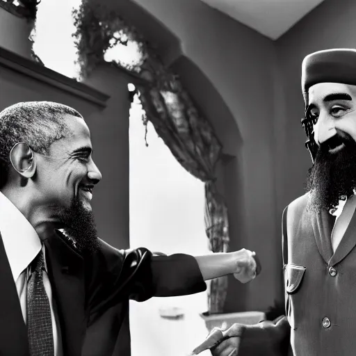 Prompt: obama shaking hand of osama bin laden, ultra realistic, canon 3 5 mm photography