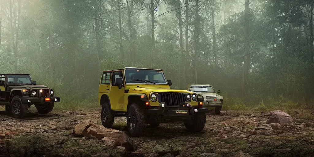 Image similar to Mahindra thar, in the forest, plants environment, wide angle, cinematic lighting, atmospheric, realistic, cinematic, octane render, highly detailed, color graded, in the style of simon stalenhag