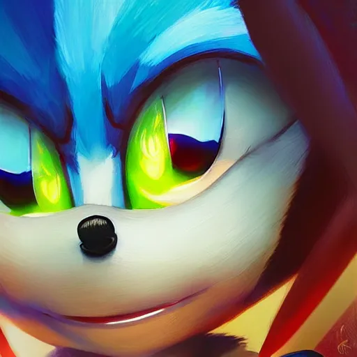 Prompt: Sonic the hedgehog, beautiful painting, by rossdraws and greg rutkowski,Noelle Stevenson,ambient style,close up,detailed face