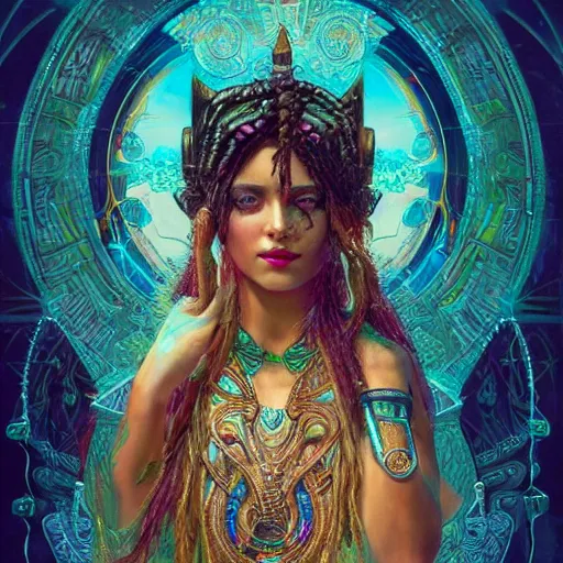 Prompt: artstation, intricate details, hyper details, by gaston bussiere, tan skin sumerian mystic lady of elche, egyptian sumerian features, techno mystic intergalactica electronic pop star, with aqua neon rapunzel dreadlocks,