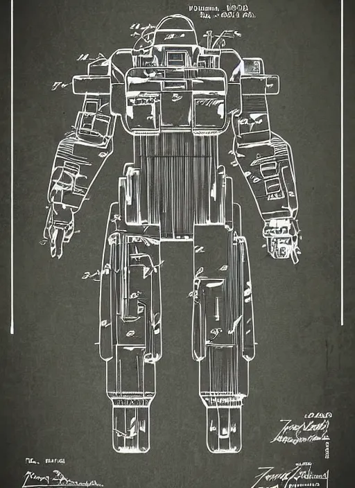 Prompt: 1 9 8 3 patent design diagram of titanfall titan with pilot inside by thomas hubert and vincent di fate. in the style of science fiction gui