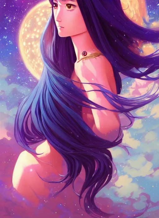 Image similar to a comic portrait of an cosmic goddess with starry hair, fine - face, realistic shaded perfect face, fine details, jewelry, night setting. very anime style. realistic shaded lighting poster by ilya kuvshinov katsuhiro, magali villeneuve, artgerm, jeremy lipkin and michael garmash, rob rey and kentaro miura style, trending on art station