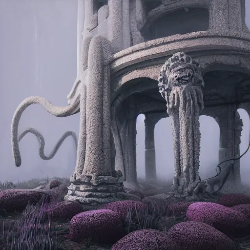 Image similar to soft painting curiosities fare tentacles world synthwave ruins, accurate features, focus, very intricate ultrafine details, black white purple, dense fog, award winning masterpiece, octane render 8 k hd, fantasy