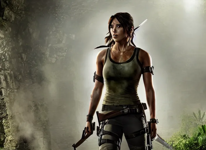 Image similar to film still of!!!! chloe bennett!!! as lara croft in new tomb raider movie, 8 k