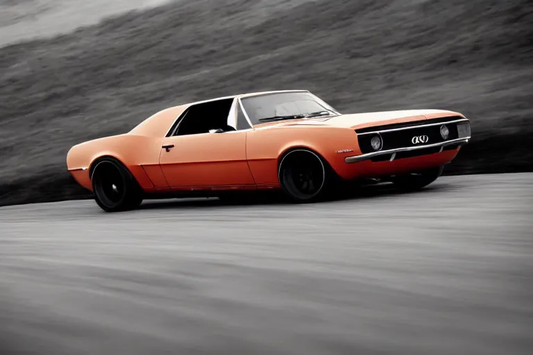 Image similar to audi camaro b 1 ( 1 9 6 9 ) drifting, phonk music background, dark, establishing shot