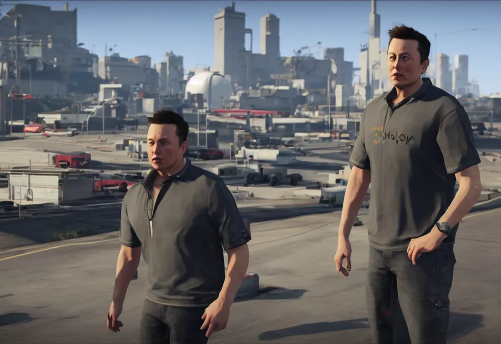 Image similar to elon musk in the video game in gta 5, gameplay screenshot, close up, 3 d rendering. unreal engine. amazing likeness. very detailed.