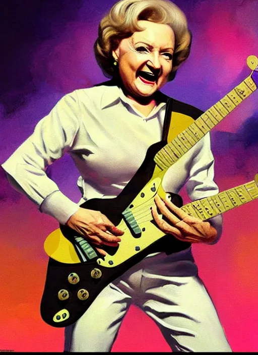 Image similar to Betty White shredding on an electric guitar, painting by Frank Frazetta, 3D rendering by Beeple, crusty