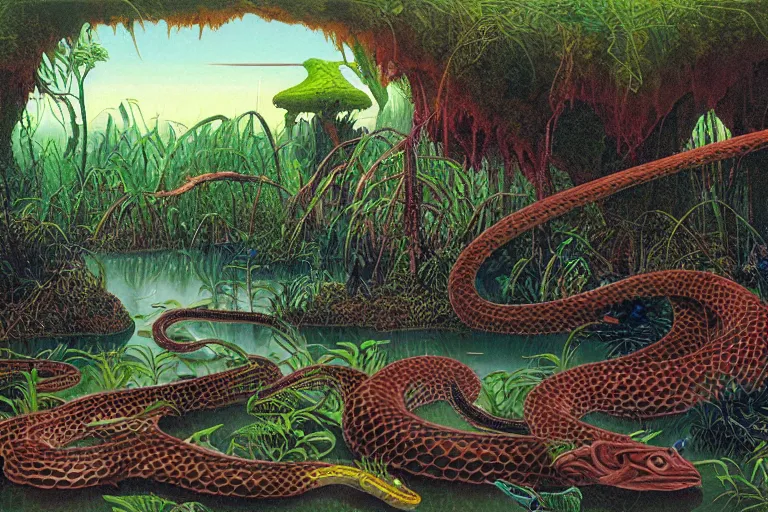 Image similar to Snake oil salesman searching the swamps of Formosa for the elusive water snake, painting by Roger Dean, painting by Naomi Okubo