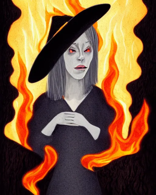 Prompt: a portrait of a sad witch in a burning forest