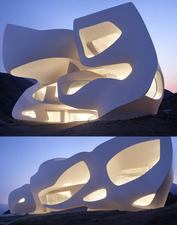 Image similar to zaha hadid 3 d construction printed house on the mountain, soft light, streetscapes stunning volumetric lighting sunset