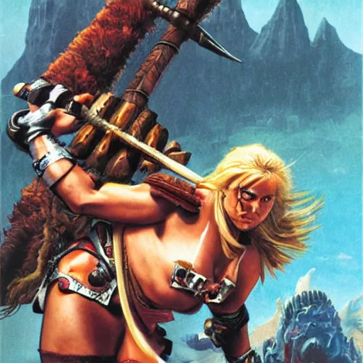 Prompt: a female barbarian posing over a defeated monster, detailed poster by Drew Struzan