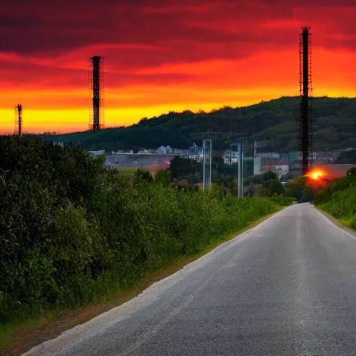 Image similar to a road in a industrial zone, and a hill behind it with a radio tower on top, sunset