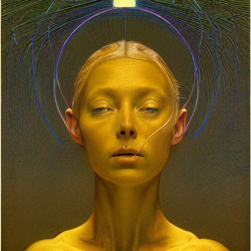 Prompt: Woman masterpiece, Thom Yorke, yellow, golden halo behind her head, wires everywhere, by Edgar Maxence and Ross Tran, Zdzisław Beksiński, and Michael Whelan, distant, gustav dore, H.R. Giger, 8k, octane render