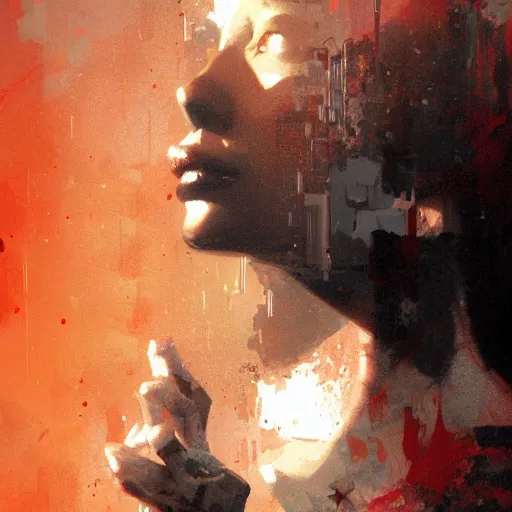 Image similar to black liquid dripping out of the nose of a young woman, trending on art station, cyberpunk, art by craig mullins