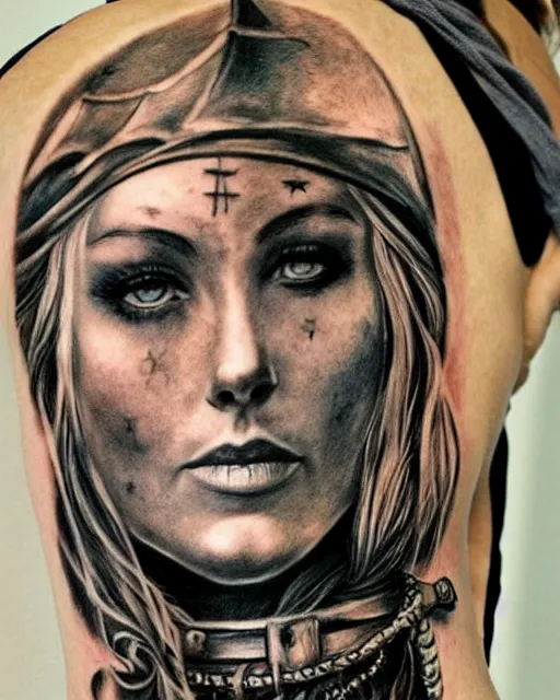 Image similar to A beautiful pirate boat next to the face of a warrior woman , realism tattoo drawing, hyper realistic, shaded