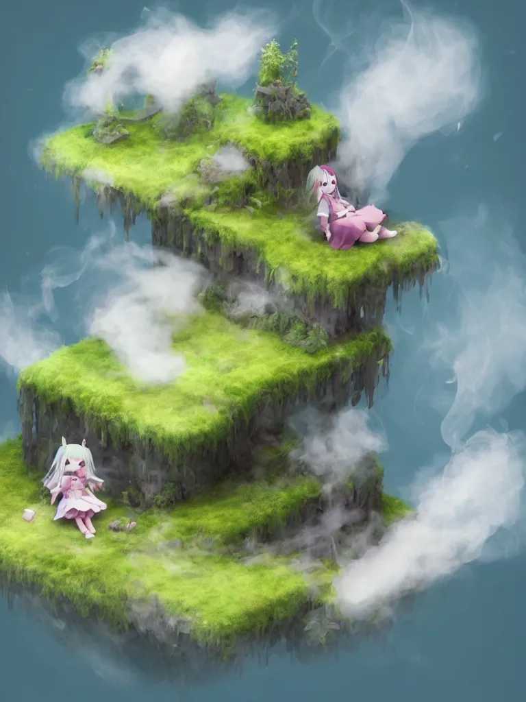 Image similar to cute fumo plush gothic maiden girl sitting on a floating island, isometric projection, wisps of smoke and volumetric fog, vignette, orthographic, vray