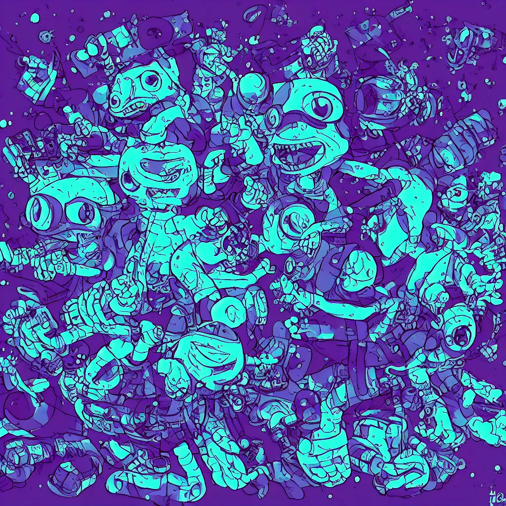 Image similar to indigo toads, ryuta ueda artwork, breakcore, jet set radio artwork, y 2 k, gloom, space, cel - shaded art style, broken rainbow, data, minimal, speakers, code, cybernetic, dark, eerie, cyber