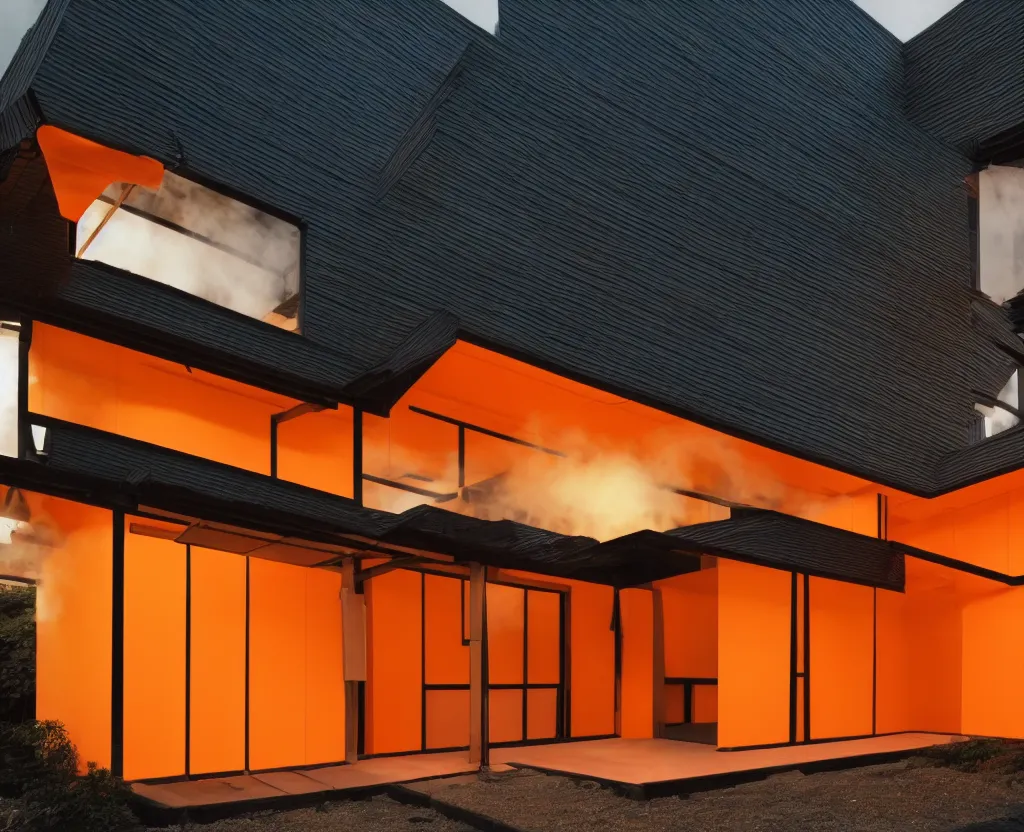 Image similar to photo of the exterior of a futuristic japanese house, dramatic lighting, smoke, ceiling fluorescent lighting, black and orange colour palette